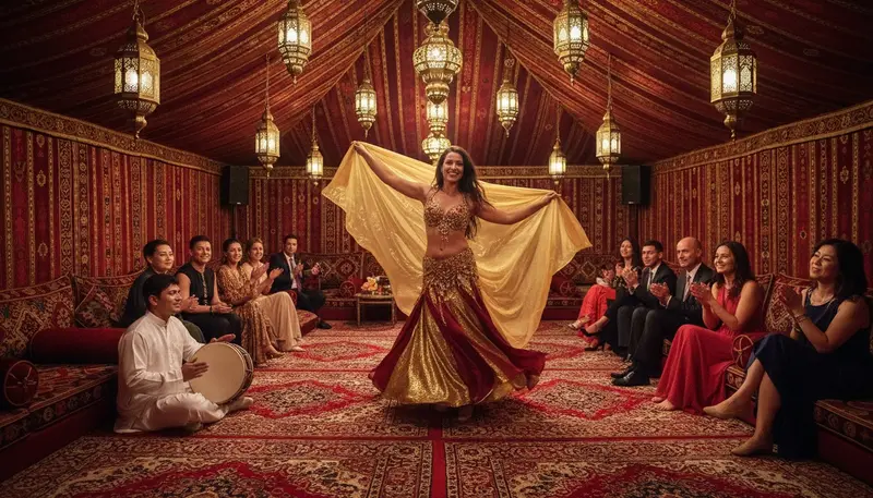 Arabic belly dancer with a gold veil performing in an Arabian majlis tent in Dubai while a drummer plays and guests watch
