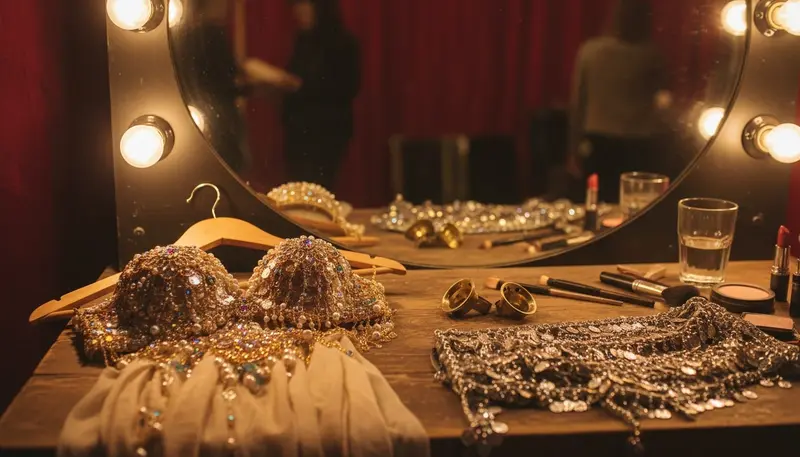 Belly dance costume and finger cymbals at a backstage mirror