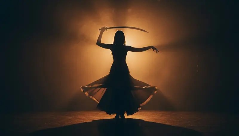 Belly dancer in silhouette dancing with a sword on a dark stage