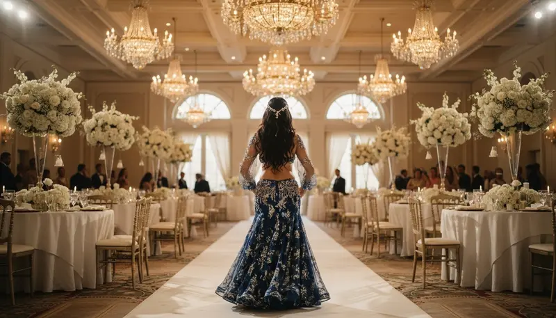 Belly dancer making her entrance at a wedding in a Dubai ballroom