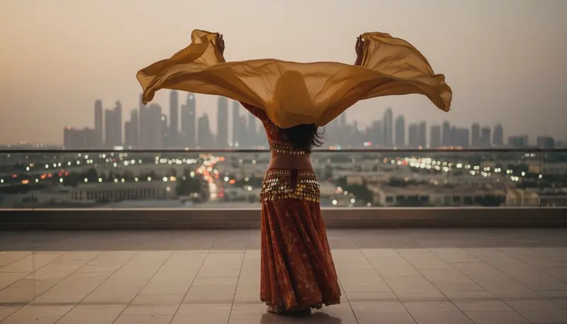 Belly dancer with a golden silk veil on a Dubai rooftop at dusk