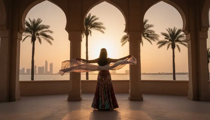 Belly dancer with a silk veil on a terrace by the sea in Abu Dhabi at sunset