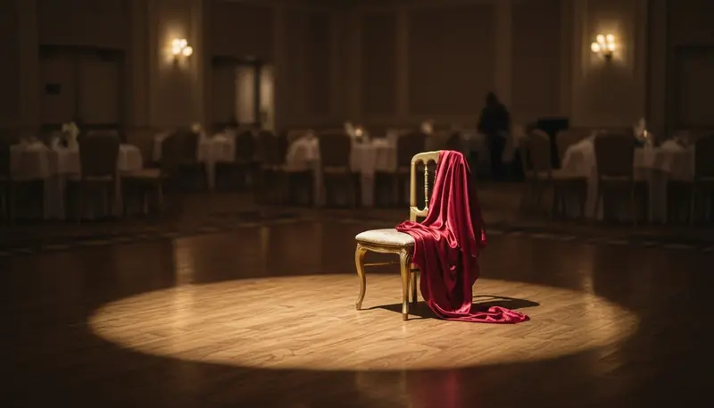 Empty dance floor in a spotlight with a silk veil on a chair, ready for a belly dance show