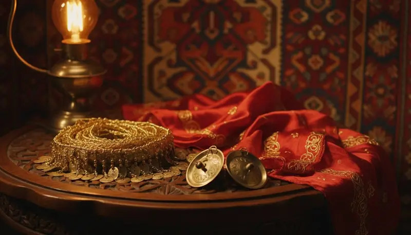 Finger cymbals, a coin hip scarf and a red silk veil for a belly dance show