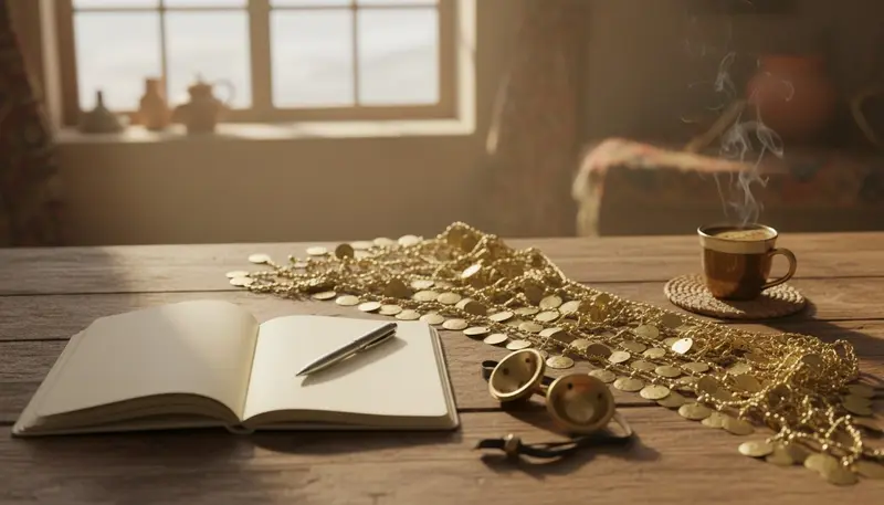 Notebook, coin hip scarf and finger cymbals for planning a belly dance show budget