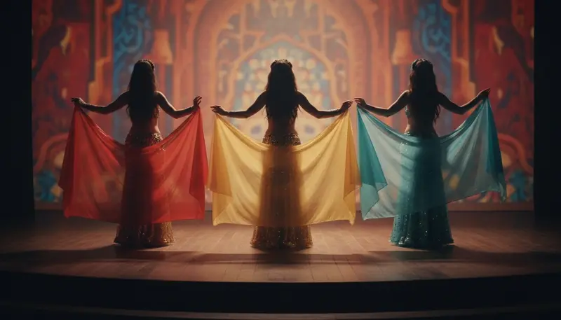Three belly dancers with red, gold and turquoise veils on stage